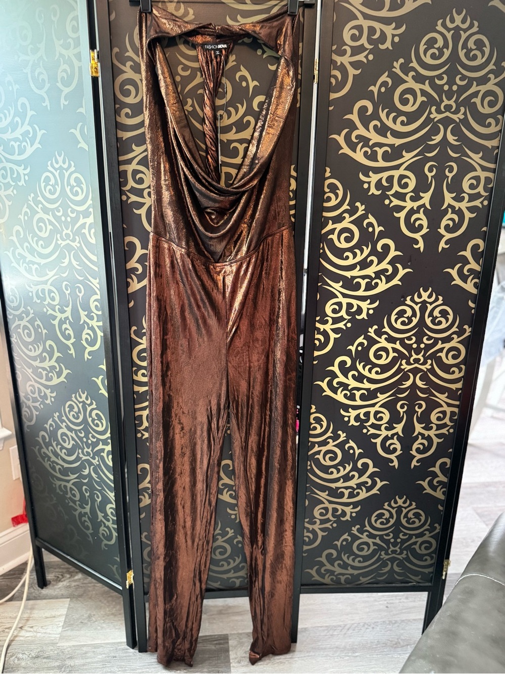 Fashion Nova Bronze Metallic Cowl Neck Jumpsuit
